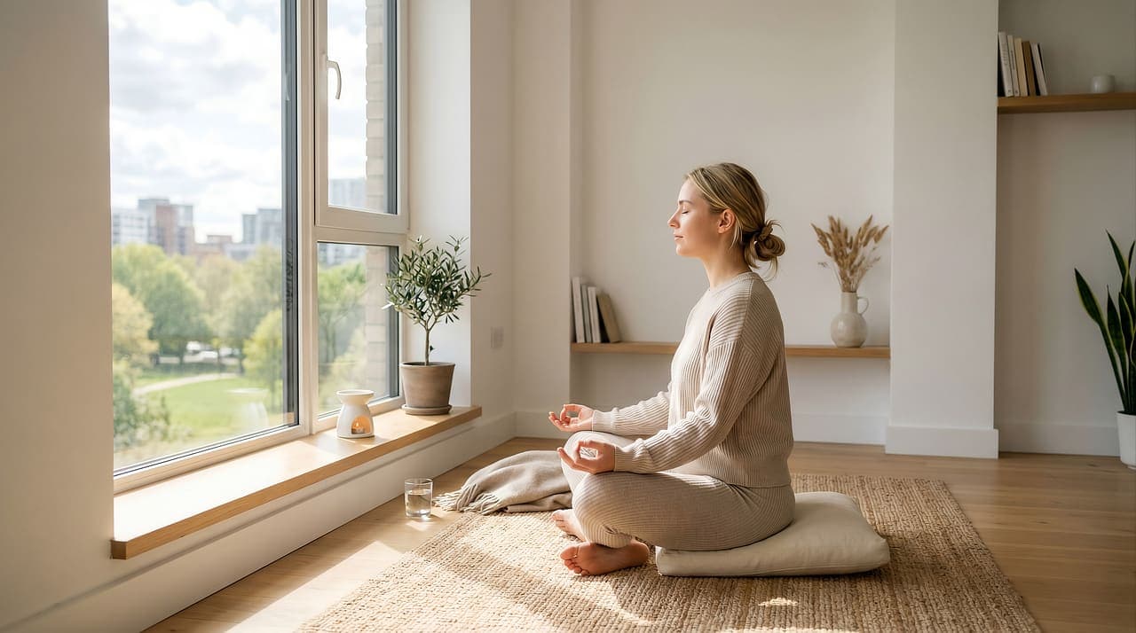 Woman meditating in soft window light
