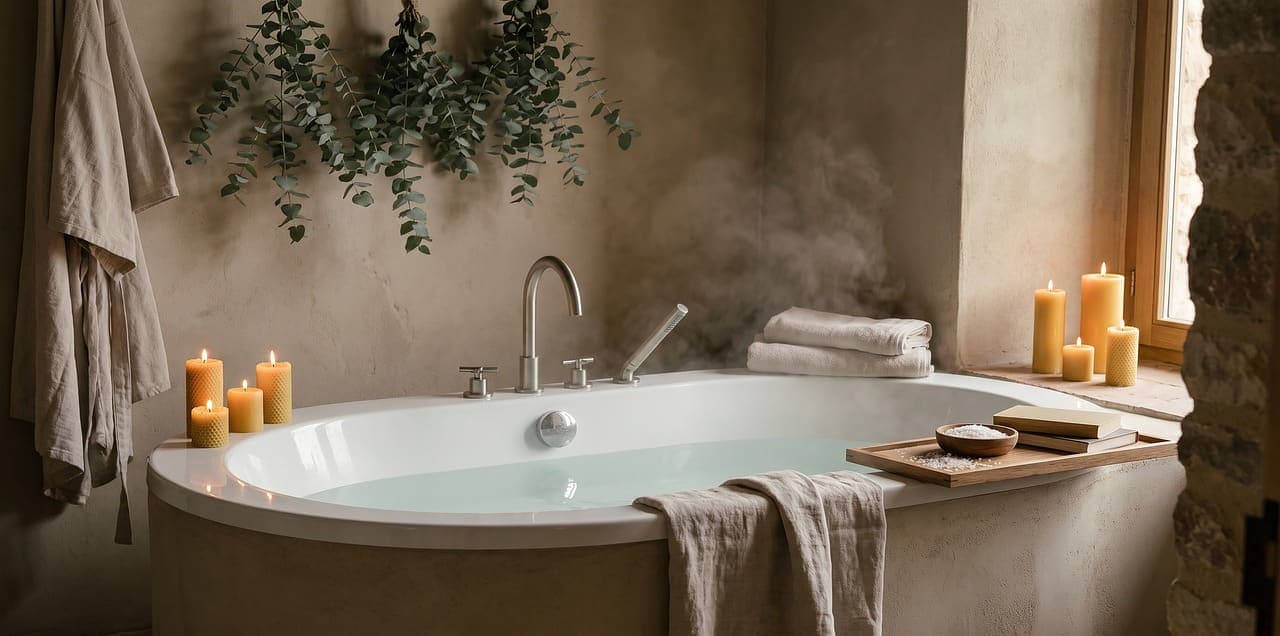 Candlelit bath with towels and eucalyptus
